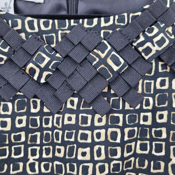 Kasper Geometric Print Sleeveless Sheath Dress 6 Black Brown 3D Ribbon Neckline - Picture 4 of 11